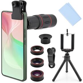 Phone Camera Lens Kit 4 in 1, Phone Photography Kit with Flexible Phone Tripod, 18X Telephoto Lens, 25X Macro Lens, Fisheye & Wide Angle Lens Compatible with iPhoneSamsung/Android Smartphones