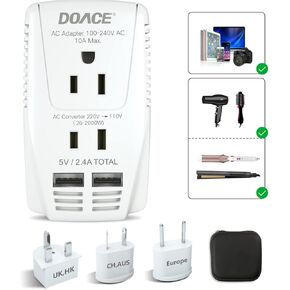 DOACE® 220V to 110V Converter, 2000W Travel Voltage Converter for Hair Dryer Straightener Curling Iron, 10A Power Adapter with 2 USB and EU/UK/AU/US Plugs for Charging Laptop Tablet Camera Cell Phone