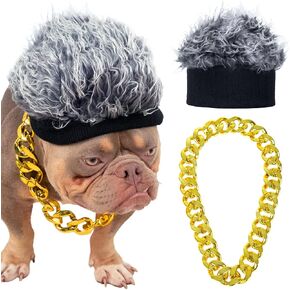 Dog Costume Set Hip Hop Wig Cap and Gold Dog Chain Collar Adjustable Dog Costumes Cool Cosplay Accessories for Medium to Large Pet Birthday Holiday Party Daily Life in Kuwait