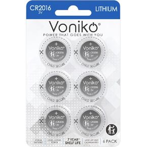 Voniko 3 Volt 2016 Battery 6 Pack – Button Cell 2016 Batteries – Lithium CR2016 3 Volt Coin Battery – Child-Protection Packaging, 7 Years Shelf Life