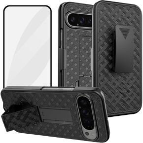 Ailiber for Google Pixel 9 Pro XL Case with Belt Clip, Google 9 Pro XL Holster Case with Screen Protector, Swivel Kickstand Holder, Slim Shockproof Shell Full Body Phone Cover for Pixel 9 Pro XL-Black