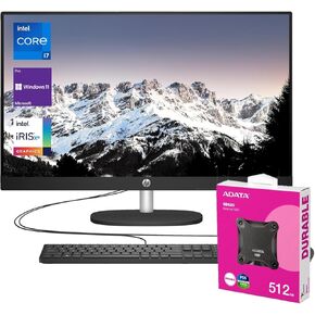 HP Newest Business 27" 13th i7 All in One Desktop Computer, FHD Display, 16GB RAM, 1TB SSD, IR Camera, RJ-45, Wi-Fi 6, Wired KB & Mouse, Windows 11 Pro, Black, with Adata 512 External SSD Bundle