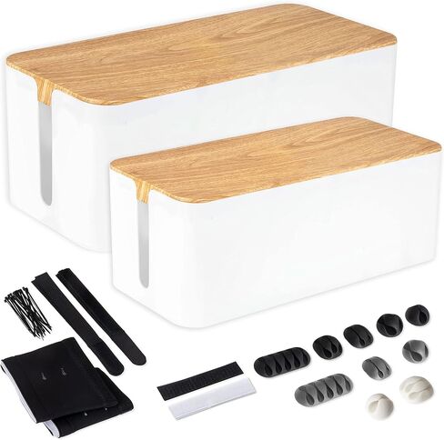 Iron Forge Cable Cable Management Box, 2 Pack - White Cord Organizer with Wood Top - Hider for Wires, Power Strips, Surge Protectors & More - Includes Accessories in Saudi Arabia
