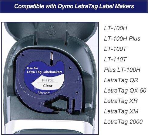 Weemay 18 X 16952 Clear Plastic Labels Compatible with Dymo Letratag Refills Clear Plastic 12mm x 4m 1/2 x 13 Black on Clear Refill for LetraTag Label Maker LT-100T LT-100H QX50 200B, 16951 S0721530 in Kuwait