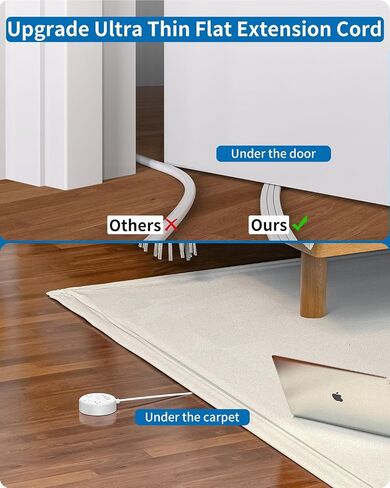 Flat Extension Cord 25 ft, NTONPOWER Flat Plug Power Strip with 3 Outlets 4 USB Ports(2 USB C), Ultra Thin Extension Cord Under Carpet, Mountable, Outlet Extender Long Cord for Indoor Home Office Room in Kuwait