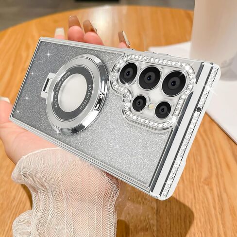 Losin Compatible with Galaxy S24 Ultra Glitter Magnetic Case with Invisible Stand [Compatible with MagSafe] Luxury Bling Rhinestone Full Camera Lens Protection Cover for Women and Girls, Silver in Saudi Arabia