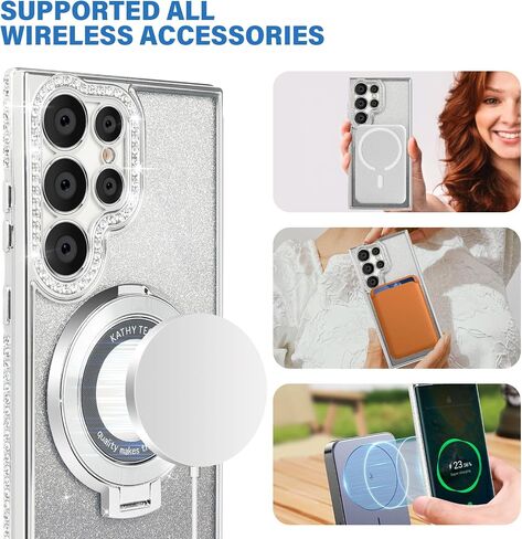 Losin Compatible with Galaxy S24 Ultra Glitter Magnetic Case with Invisible Stand [Compatible with MagSafe] Luxury Bling Rhinestone Full Camera Lens Protection Cover for Women and Girls, Silver in Saudi Arabia