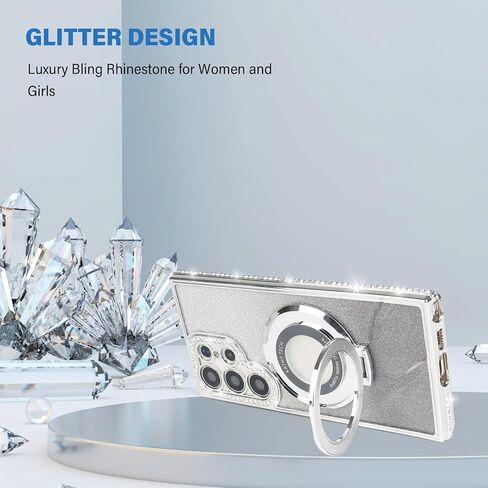 Losin Compatible with Galaxy S24 Ultra Glitter Magnetic Case with Invisible Stand [Compatible with MagSafe] Luxury Bling Rhinestone Full Camera Lens Protection Cover for Women and Girls, Silver in Saudi Arabia