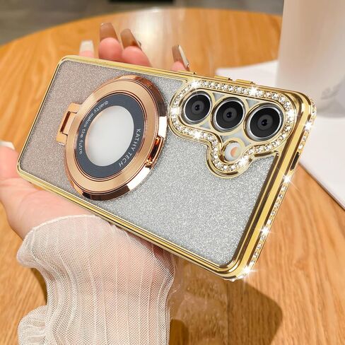 Losin Compatible with Galaxy S24 Ultra Glitter Magnetic Case with Invisible Stand [Compatible with MagSafe] Luxury Bling Rhinestone Full Camera Lens Protection Cover for Women and Girls, Silver in Saudi Arabia