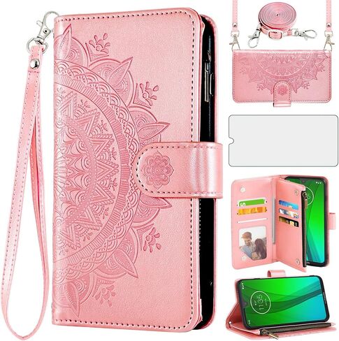 Asuwish Phone Case for Moto G7/G7+/Revvlry Plus Wallet Cell Cover with Screen Protector Lanyard Wrist Strap Mandala Flower Card Holder Motorola G7Plus Moto7 XT1962-1 G 7 7G Tmobile Revvlry+ Purple in Kuwait