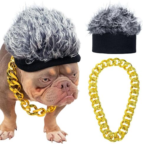 مجموعة أزياء الكلاب، قبعة شعر مستعار هيب هوب وطوق ذهبي للكلاب، أزياء للكلاب قابلة للتعديل، إكسسوارات تنكرية رائعة للحيوانات الأليفة المتوسطة والكبيرة، وحفلات أعياد الميلاد، والحياة اليومية in Kuwait