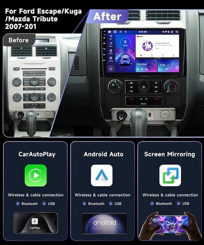 راديو 8Core 6G 128G لسيارة Ford Escape/Ford Kuga/Mazda Tribute 2007-2012 مع CarPlay لاسلكي Android Auto/9 بوصة 1280x720P IPS لمس/BT5.0/GPS/WiFi/DSP/46 EQ/كاميرا احتياطية in Saudi Arabia