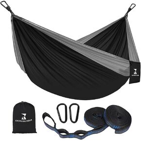 Durable Hammock 400 lb Capacity, Nylon Camping Hammock Chair - Single Sizes w/Tree Straps and Attached Carry Bag - Portable for Travel/Backpacking/Beach/Backyard (Black & Light Blue)