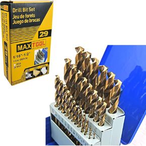 MaxTool 29 قطعة تويست Jobber طول مثقاب مجموعة ؛ فولاذ عالي السرعة HSS M2؛ نقطة تقسيم 135°؛ أرضية كاملة؛ 3 شقة على الساق؛ JBS02W13R029P