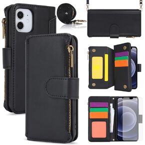 Phone Case for iPhone 12 Mini 5.4 Wallet Cover with Tempered Glass Screen Protector and Crossbody Wrist Strap Flip RFID Blocking Card Holder Cell iPhone12mini 5G i 12s iPhone12 12mini Women Rose Gold