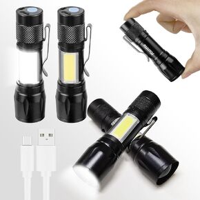 KunHe Rechargeable Flashlights USB-C, Stocking Stuffers Small LED Lantern Flashlights, Bright Clip-On Light EDC Flash Light with Side COB Light for Camping Home Emergency, 4 Pack
