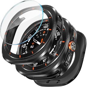 LETOID 3 in 1 Metal Case for Samsung Galaxy Watch Ultra Screen Protector 47mm, Stainless Steel Protective Bumper Face, Hard PC Back Cover and 9H Tempered Glass Film for Galaxy Watch 7 Ultra - Black