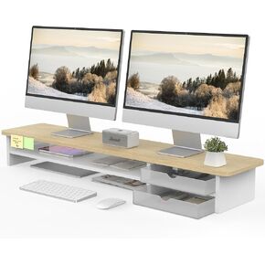 Fenge Monitor Stand, Dual Monitor Riser, 42.5inch Large Desk Computer Monitor Stand Riser with Drawer, 2 Tier Wood & Acrylic Desktop Organizer for Computer, Laptop, Printer, TV Screen Riser
