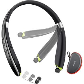 Bluetooth Headset, 2024 Upgraded Neckband Bluetooth Headphones with Retractable Earbuds, Noise Cancelling Stereo Earphones with Mic, Foldable Wireless Headphones for Sports Office with Carry Case