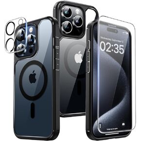 TAURI 5 in 1 for iPhone 15 Pro Case, [Not Yellowing] with 2X Screen Protectors + 2X Camera Lens Protectors, [Military Grade Drop Protection] Shockproof Case for iPhone 15 Pro 6.1 Inch - Black
