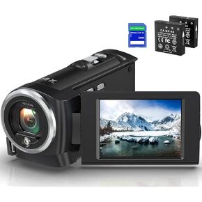 Camcorder Video Camera QHD 2.7K 50MP 16X Digital Zoom Vlogging Camera with LED Fill Light for YouTube, 2.8 Inch 270 Degree Rotation LCD Screen Camcorder with 32GB SD Card and Two Batteries