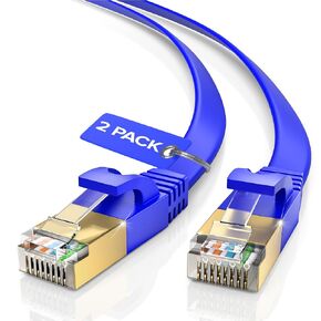 Cat7 Flat Ethernet Cable 2-Pack, 10ft Blue High-Speed Shielded Network Cable, 10Gbps 600MHz LAN Cord for Gaming, Streaming, PS5, Xbox, Smart TV, Router, Modem, and More