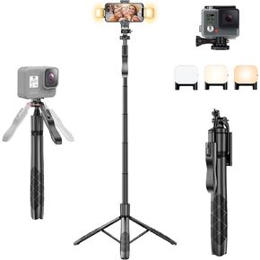 Selfie Stick Tripod for Phone with Light - 62" Phone Holder for Recording Selfie Stick Tripod Rotating Phone Stand Tall with Light 6 in 1 Selfie Stick with Light Portable Tripod