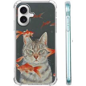 Case for iPhone 16 with Cool Cat Design,Cute Cat and Goldfish Pattern Case for Children,Clear Soft TPU Bumper Case,6.1"(Cat,16)