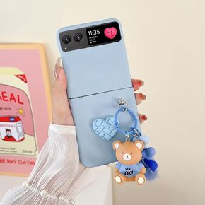 for Motorala Razr 2024 Case Cute Plush Bear Toy Phone Charm Design,Razr 2024 Phone Case Frosted PC Back Soft Silicone Bumper Shockproof Girly Cover for Moto Razr 2024 with Ring Holder Blue