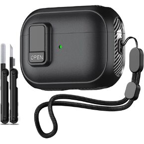 Inesore Compatible with AirPods Pro 2nd Generation Case,（with Lock Clip） Carbon Fiber Design Protection Case for Airpods Pro 2nd/1st Gen (2023/2022/2019) with Lanyard/Cleaning Pen - Balck