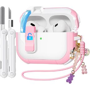 4-in-1 Case for AirPods Pro 2nd Generation Case, Ekoonpft (Secure Lock) Case Cover Compatible with Apple Airpod Pro(2023/2022/2019) Magnetic Lid Lock, with Cleaning kit/Wrist Strap/Keychain,Pink