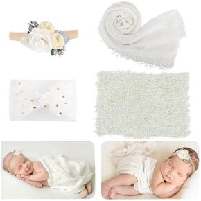 AOKE 4 PCS Newborn Photography Props Kit, Newborn Photo Props Long Ripple Wraps DIY Blanket with Headbands, White Toddler Baby Photography Wraps Mat for Baby Boys and Girls
