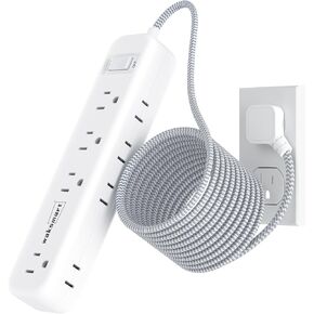 سلك تمديد مسطح بطول 20 قدمًا منافذ متعددة - قطاع طاقة حامي من زيادة التيار 8 منافذ تيار متردد 3 شحن USB سريع (3.4 أمبير 17 وات) 1080 جول سلك طويل مضفر قابل للتركيب على الحائط للمنزل والمكتب والسكن الجامعي 13 أمبير 1625 وات in Kuwait