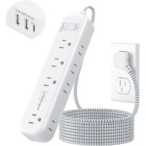 Flat Extension Cord 20 FT Multiple Outlets- Surge Protector Power Strip 8 AC Outlets 3 USB Fast Charge (3.4A 17W) 1080 Joules Long Braided Cord Wall Mountable for Home Office College Dorm 13A 1625W