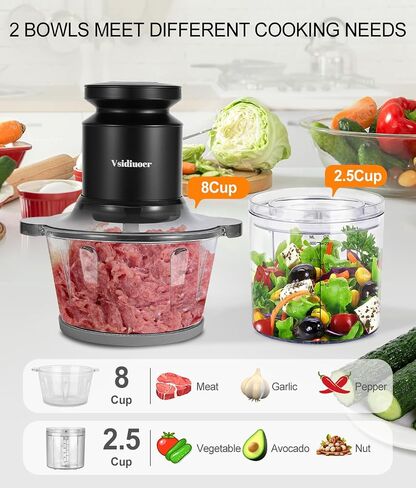 Food Processor, 400W Electric Food Chopper with 2 Glass Bowls (8 Cup+2.5 Cup), Meat Grinder with 2 Sets Stainless Steel Blades for Baby Food,Meat, Vegetables, Fruits, Nuts in Saudi Arabia