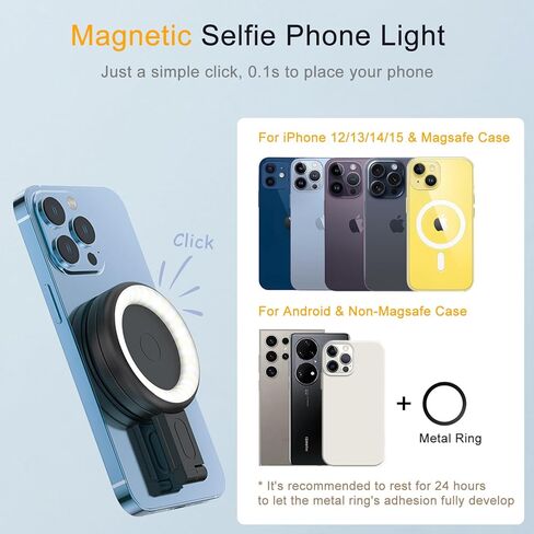 ضوء سيلفي مغناطيسي لهاتف iPhone، حجم الجيب LED يملأ الهاتف مع 6 أوضاع ألوان، ضوء هاتف محمول لتسجيل الفيديو/صور السيلفي/TikTok/البث المباشر، أسود in Kuwait
