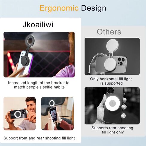 ضوء سيلفي مغناطيسي لهاتف iPhone، حجم الجيب LED يملأ الهاتف مع 6 أوضاع ألوان، ضوء هاتف محمول لتسجيل الفيديو/صور السيلفي/TikTok/البث المباشر، أسود in Kuwait