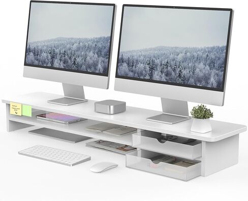 Fenge Monitor Stand, Dual Monitor Riser, 42.5inch Large Desk Computer Monitor Stand Riser with Drawer, 2 Tier Wood & Acrylic Desktop Organizer for Computer, Laptop, Printer, TV Screen Riser in Kuwait