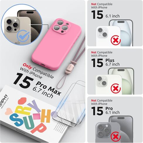 SURPHY Designed for iPhone 15 Pro Max Case with Screen Protector and Lanyard, Phone Strap and Liquid Silicone Phone Case (Camera Protective + Soft Microfiber Lining) 6.7 inch 2023 (Pink) in Saudi Arabia