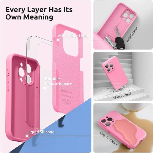 SURPHY Designed for iPhone 15 Pro Max Case with Screen Protector and Lanyard, Phone Strap and Liquid Silicone Phone Case (Camera Protective + Soft Microfiber Lining) 6.7 inch 2023 (Pink) in Saudi Arabia