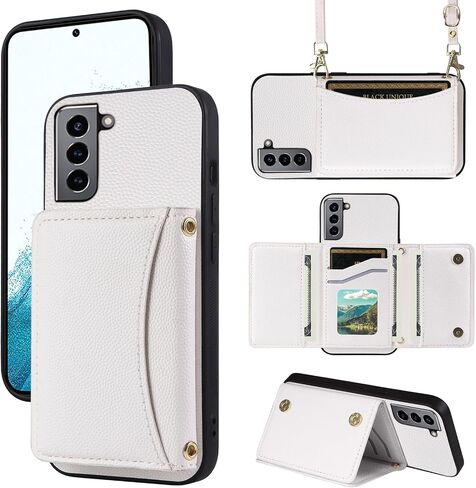 Phone Case for Samsung Galaxy S21 5G 6.2 inch Wallet Cover with Crossbody Shoulder Strap and Leather Credit Card Holder Pocket Slim Stand Cell Accessories S 21 21S G5 Girls Women Men White in Saudi Arabia