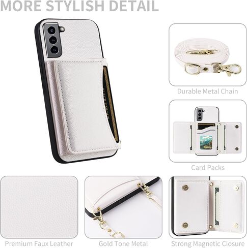 Phone Case for Samsung Galaxy S21 5G 6.2 inch Wallet Cover with Crossbody Shoulder Strap and Leather Credit Card Holder Pocket Slim Stand Cell Accessories S 21 21S G5 Girls Women Men White in Saudi Arabia