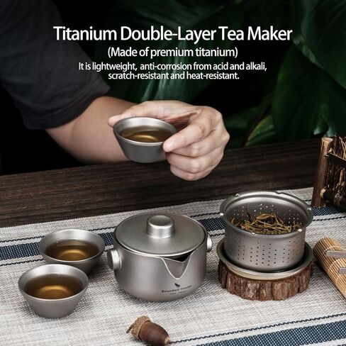 iBasingo 180ML Titanium Kung Fu Tea Set with 3 teacup Teapot with Strainer Dividing Cup Double-Layer Gaiwan Portable Tea Bowl Mug for Outdoor Camping Travel Picnic Backpacking Home Office Ti3137D in Kuwait