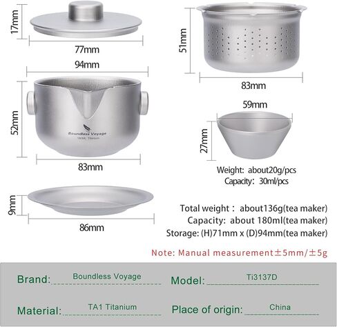 iBasingo 180ML Titanium Kung Fu Tea Set with 3 teacup Teapot with Strainer Dividing Cup Double-Layer Gaiwan Portable Tea Bowl Mug for Outdoor Camping Travel Picnic Backpacking Home Office Ti3137D in Kuwait