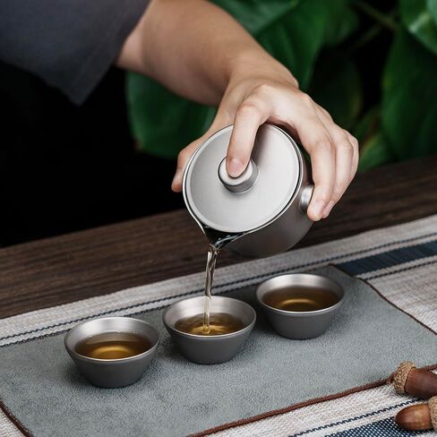 iBasingo 180ML Titanium Kung Fu Tea Set with 3 teacup Teapot with Strainer Dividing Cup Double-Layer Gaiwan Portable Tea Bowl Mug for Outdoor Camping Travel Picnic Backpacking Home Office Ti3137D in Kuwait