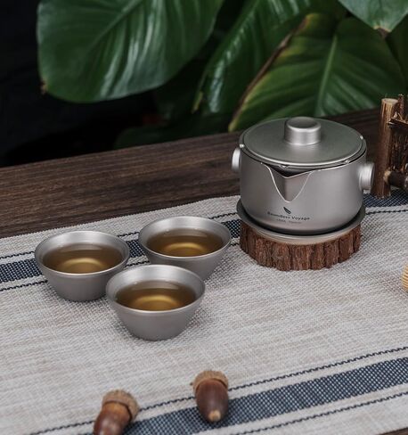 iBasingo 180ML Titanium Kung Fu Tea Set with 3 teacup Teapot with Strainer Dividing Cup Double-Layer Gaiwan Portable Tea Bowl Mug for Outdoor Camping Travel Picnic Backpacking Home Office Ti3137D in Kuwait