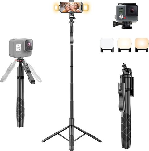 Selfie Stick Tripod for Phone with Light - 62" Phone Holder for Recording Selfie Stick Tripod Rotating Phone Stand Tall with Light 6 in 1 Selfie Stick with Light Portable Tripod in Saudi Arabia