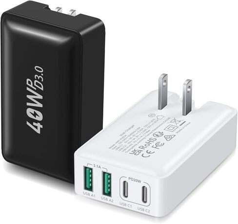 USB C Charger Block, Excgood 40W 4-Port Flat USB Wall Charger Adapter Multiport Dual PD+QC Foldable Slim Fast Charging Plug Compatible for iPhone 16 15 Pro Max 14 13 iPad Watch Galaxy S23,2Pack White in Kuwait