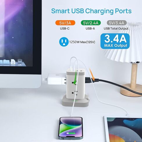 BEVA Power Strip Tower, Surge Protector with USB Ports, 6.5 FT Extension Cord, Charging Tower for Multiple Devices 8 AC and 4 USB(USB-C) for Office Supplies Dorm Room Essentials Office Organization in Saudi Arabia