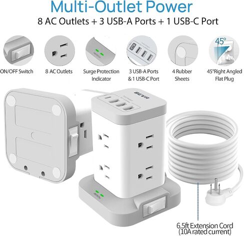 BEVA Power Strip Tower, Surge Protector with USB Ports, 6.5 FT Extension Cord, Charging Tower for Multiple Devices 8 AC and 4 USB(USB-C) for Office Supplies Dorm Room Essentials Office Organization in Saudi Arabia